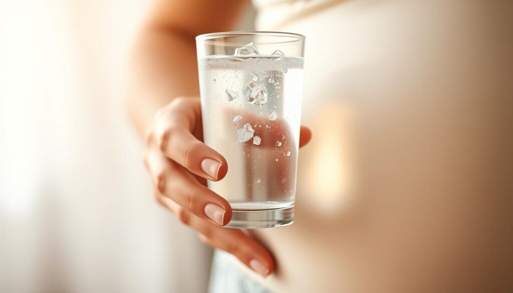 A close-up shot of a pregnant woman's hand holding a glass of carbonated water against a soft, blurred background. The glass is filled with clear, bubbly water, capturing the essence of the "água com gás grávida" concept. The image has a warm, natural lighting that creates a soothing, reassuring atmosphere, conveying the idea of a healthy pregnancy and the scientific exploration of the safety of carbonated water consumption. The focus is on the hand and glass, with a shallow depth of field that gently blurs the surrounding elements, drawing the viewer's attention to the central subject.