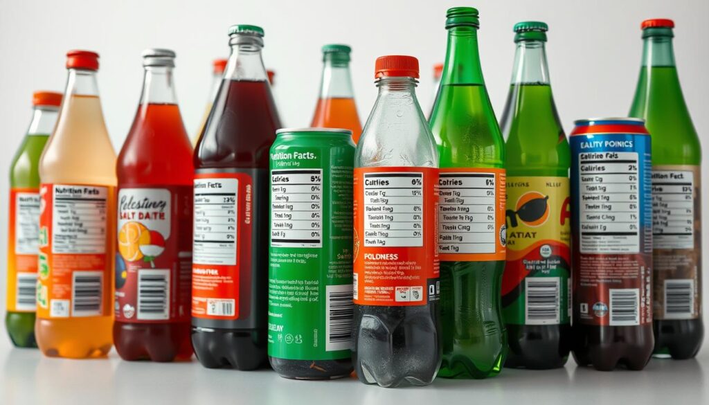 A close-up shot of various carbonated soft drink bottles and cans, their nutritional information labels prominently displayed. The bottles and cans are arranged on a clean, minimalist tabletop, with soft, even lighting illuminating the scene. The labels show detailed breakdowns of calories, sugar, sodium, and other nutritional values, allowing the viewer to clearly assess the health impacts of these popular beverages. The overall mood is informative and analytical, inviting the viewer to thoughtfully consider the nutritional aspects of these commonly consumed drinks.
