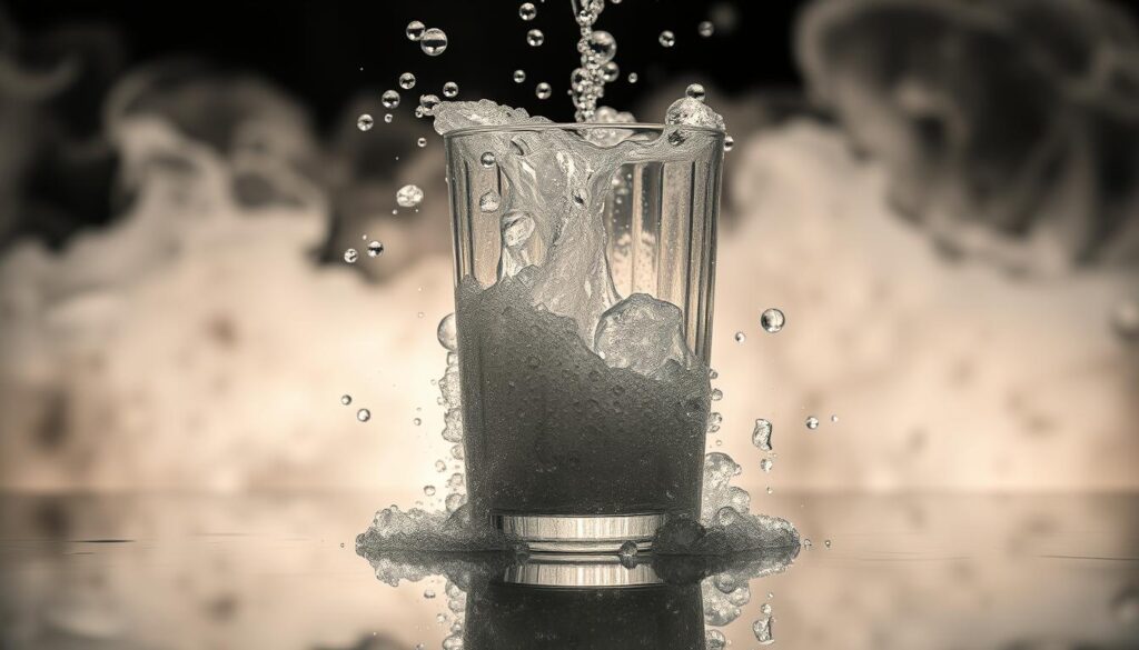 A close-up view of an overflowing glass of carbonated water, with bubbles rapidly escaping the liquid. The glass is positioned on a reflective surface, creating a distorted, mirrored effect. The background is hazy and out of focus, conveying a sense of disorientation and excess. Harsh, directional lighting casts dramatic shadows, emphasizing the fizzing, chaotic nature of the scene. The overall mood is one of visual tension and unease, reflecting the potentially harmful effects of excessive consumption of carbonated beverages.