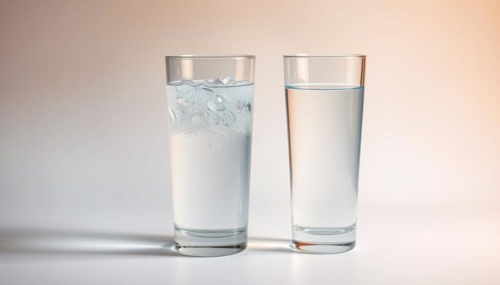 A contrasting still life scene showcasing a glass of carbonated mineral water and a glass of still, clear water. The carbonated water is effervescent, with tiny bubbles rising to the surface, while the still water is tranquil and serene. The lighting is soft and diffused, creating a subtle, elegant atmosphere. The two glasses are positioned side-by-side on a simple, minimalist surface, allowing the viewer to easily compare and appreciate the distinct visual and physical properties of the two water types. The composition emphasizes the visual differences between the two, inviting the viewer to consider when each type of water might be the better choice.
