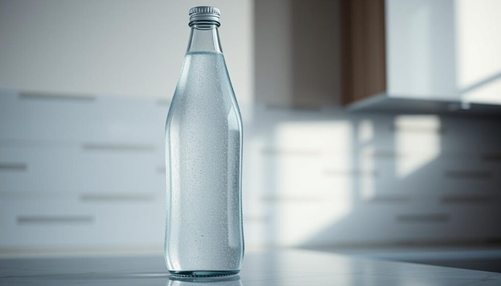 A crystalline glass bottle filled with sparkling, effervescent water, set against a backdrop of sleek, minimalist kitchen counter tiles. The bottle's label showcases a clean, modern design, conveying a sense of premium quality. Soft, diffused lighting casts gentle shadows, highlighting the water's fizzy carbonation and the bottle's elegant silhouette. The scene exudes a refined, sophisticated atmosphere, inviting the viewer to experience the refreshing and high-quality nature of the "qualidade da água com gás".