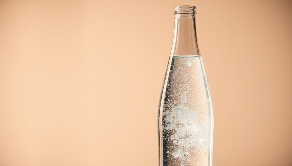 A crystalline glass bottle filled with sparkling water against a neutral background. The bottle has a sleek, modern design with a slim neck and a curved body, reflecting the light in subtle highlights. The water inside gently bubbles, creating a mesmerizing visual effect. The scene is bathed in soft, warm lighting, emphasizing the translucent quality of the water and the glass. The overall mood is one of simplicity, clarity, and refreshment, inviting the viewer to ponder the myths and realities surrounding the consumption of carbonated water.