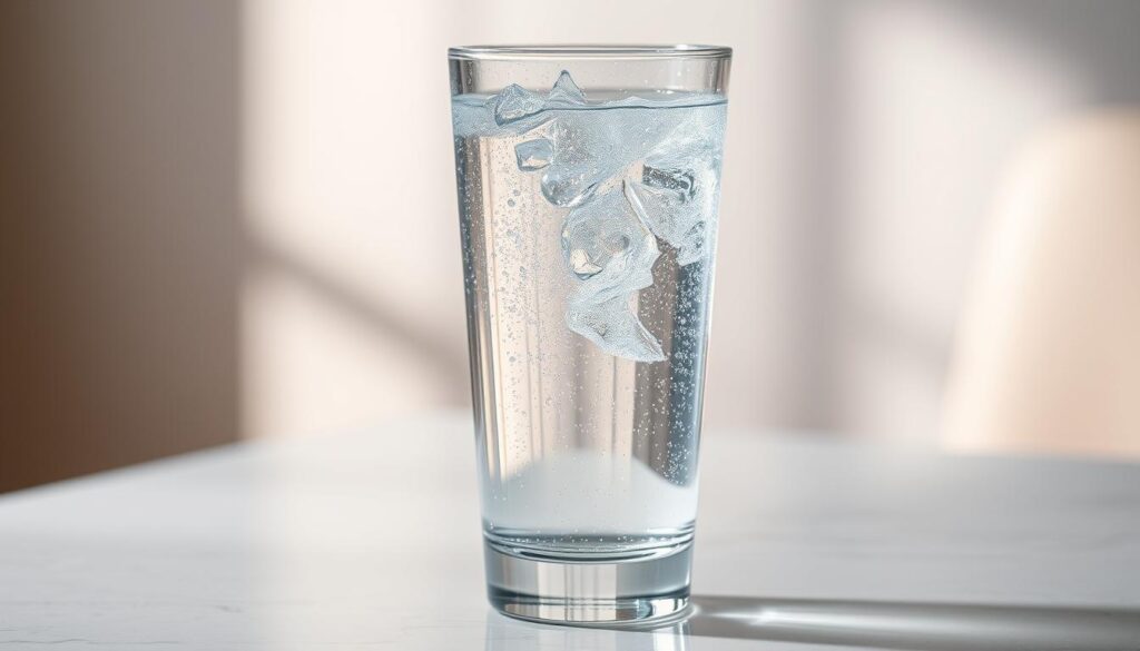 A crystalline glass filled with sparkling, effervescent water, casting a soft, diffuse glow from the gentle lighting. The liquid's surface gently ripples, reflecting the ambient light and creating a mesmerizing, almost hypnotic visual effect. The glass stands atop a sleek, minimalist table, with a simple backdrop of muted, natural tones, allowing the beverage to be the focal point. The overall scene conveys a sense of refreshment, sophistication, and the natural, healthful qualities of this carbonated water.