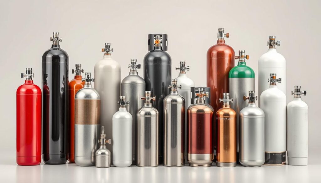 A detailed arrangement of various CO2 cylinder types commonly used for soda water machines in the Brazilian market. A well-lit, high-resolution image showcasing the diverse shapes, sizes, and materials of these specialized containers. The cylinders are positioned in the foreground, allowing for clear examination of their features and construction. The middle ground displays a neutral background, letting the cylinders be the focal point. Subtle reflections and shadows add depth and realism to the scene. The overall mood is one of technical precision and informative presentation, suitable for illustrating a section on available CO2 cylinder options for soda water machines.