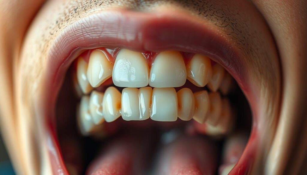 A detailed close-up of a human mouth, showcasing the teeth, gums, and tongue in vibrant, lifelike detail. The lighting is soft and diffused, creating a warm, natural ambiance. The focus is sharp, emphasizing the intricate textures and structures of the oral cavity. The background is blurred, keeping the attention on the central subject. The overall tone is educational and informative, conveying the importance of oral health and hygiene.