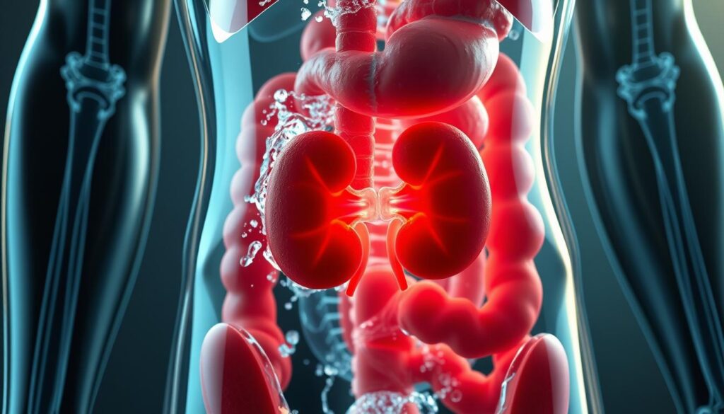 A detailed cross-section view of the human digestive system, with a focus on the kidneys and bladder. The image should depict the effects of carbonated water on the body, showing the kidneys and bladder in detail, surrounded by the surrounding organs and tissues. The scene should be lit with a soft, natural light, creating a serene and educational atmosphere. The image should be rendered with a high level of realism and scientific accuracy, showcasing the intricate structures and processes involved in the body's response to carbonated water consumption.