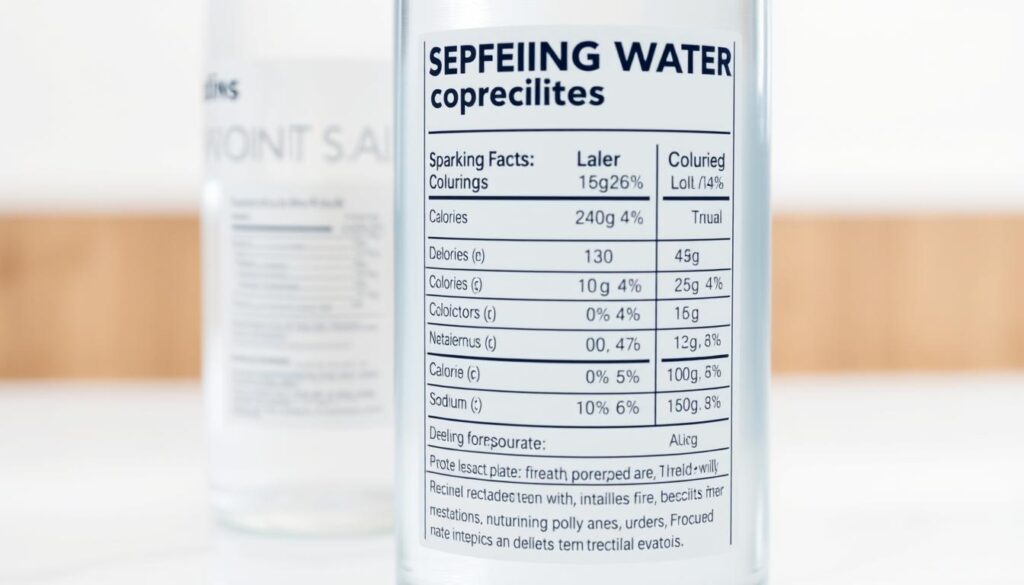 A detailed nutritional profile of sparkling water, showcasing its key components and their relative proportions. The image should have a clean, minimalist aesthetic, with a white or light background highlighting the information. The foreground should feature a glass or bottle of sparkling water, displayed in a sleek, modern style. The middle ground should contain a clear, easy-to-read infographic or chart outlining the nutritional values, including calories, carbohydrates, sodium, and any other relevant data. The background should have a subtle, blurred effect to maintain focus on the central elements. The overall mood should convey a sense of clarity, health, and informative simplicity.