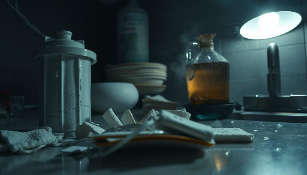 A dimly lit kitchen counter, the surface cluttered with a cracked ceramic water filter, a collection of discarded filter pads, and a grimy, stained glass. Droplets of murky water cling to the sides, hinting at the potential health risks. The glow of a single overhead light casts eerie shadows, conveying a sense of unease. The scene is captured from a low angle, emphasizing the hazardous nature of the improperly maintained filtration system. The muted color palette and hazy atmosphere evoke a sense of neglect and the potential consequences of careless use.