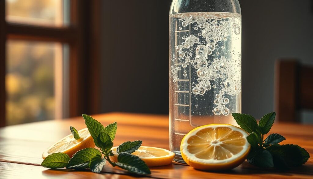 A glass carbonated water bottle gently sweating on a wooden table, surrounded by fresh lemon slices and mint leaves. Warm, afternoon sunlight filters through a nearby window, casting a soft, natural glow on the scene. The bubbles in the water gently rise, creating a mesmerizing effervescent display. The overall mood is one of refreshment, simplicity, and wellness.