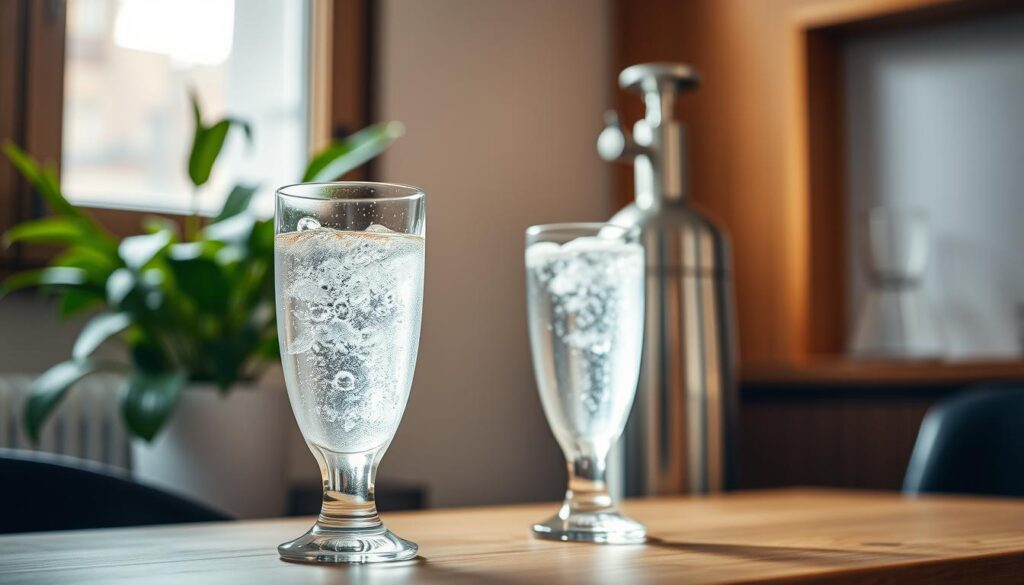 A glass of sparkling water stands in the foreground, the effervescent bubbles dancing within. In the middle ground, a metallic soda siphon sits on a wooden table, its sleek, polished surface reflecting the natural light filtering in through a window. In the background, a lush, green plant adds a touch of nature, complementing the modern, minimalist aesthetic. The scene is bathed in a warm, soft lighting, creating a cozy and inviting atmosphere. The overall composition evokes a sense of refreshment and relaxation, perfectly capturing the popularity of sparkling water in Brazil and around the world.