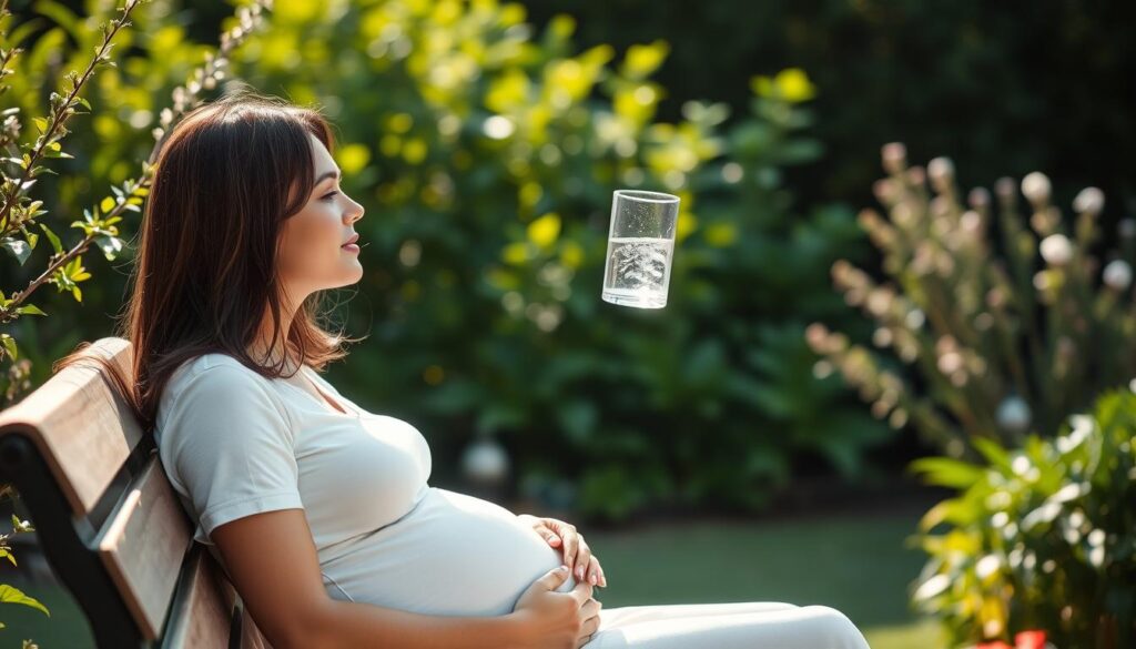 A pregnant woman sitting on a bench, sipping from a glass of sparkling water. The scene is bathed in soft, natural lighting, creating a tranquil and serene atmosphere. In the background, a lush, verdant garden provides a calming and therapeutic setting. The woman's expression is one of contemplation and contentment, reflecting the potential effects of carbonated water during pregnancy. The image conveys a sense of well-being and balance, encouraging the viewer to consider the potential benefits and drawbacks of consuming sparkling water while expecting.