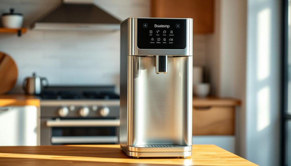 A sleek and modern Brastemp water carbonation machine, its distinctive stainless steel body and intuitive control panel prominently featured. The device stands atop a wooden counter, bathed in warm, natural lighting that accentuates its clean, minimalist design. In the background, a blurred kitchen scene suggests a stylish, well-appointed space. The machine's primary features, such as the carbonation button, water tank, and CO2 canister, are clearly visible, inviting the viewer to appreciate the device's key functionalities. The overall composition and lighting aim to convey a sense of sophistication, efficiency, and the appliance's seamless integration into a contemporary domestic setting.