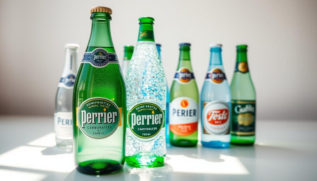 A sleek, glass bottle of Perrier carbonated mineral water stands prominently in the foreground, its label showcasing the iconic Perrier logo and branding. The bottle is illuminated by soft, natural lighting, creating a subtle sheen on the glass and highlighting the effervescent bubbles within. In the middle ground, a selection of other imported sparkling water brands are arranged neatly, showcasing the variety of options available to Brazilian consumers. The background features a clean, minimalist setting, emphasizing the premium, sophisticated nature of these imported mineral water products. The overall scene conveys a sense of refinement, quality, and the international appeal of these carbonated water beverages.
