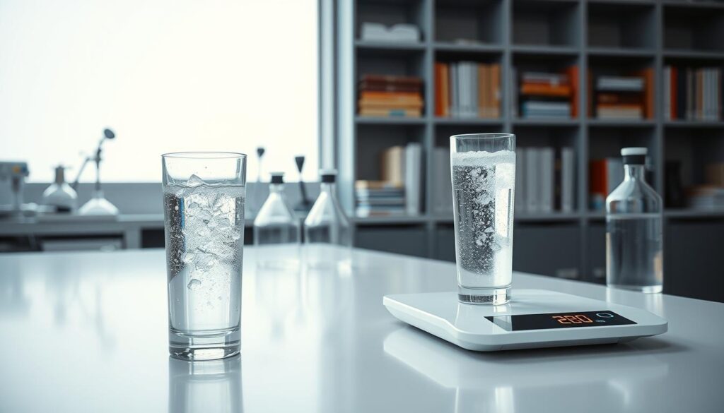 A sleek, modern laboratory workspace with scientific instruments and glassware on a clean, minimalist table. In the foreground, a glass of carbonated water and a digital scale, conveying the central focus on the relationship between carbonated water and body weight. The lighting is bright and evenly distributed, creating a professional, clinical atmosphere. The background features shelves of reference books and scientific journals, hinting at the thorough, evidence-based approach to the subject matter. The overall mood is one of analytical rigor and impartial investigation into the potential impacts of carbonated water on physical health.