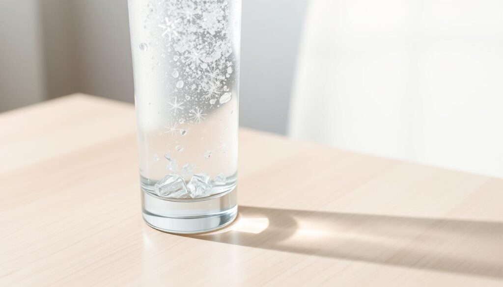 A vibrant, close-up still life of freshly poured sparkling water in a tall, sleek glass. The glass sits on a minimalist, light-colored wooden table, capturing the effervescent bubbles and the refreshing clarity of the carbonated liquid. Soft, directional lighting illuminates the scene, casting gentle shadows and highlights that accentuate the crystalline quality of the water. The overall composition exudes a sense of purity, lightness, and the simple pleasures of enjoying a refreshing carbonated beverage in a domestic setting.