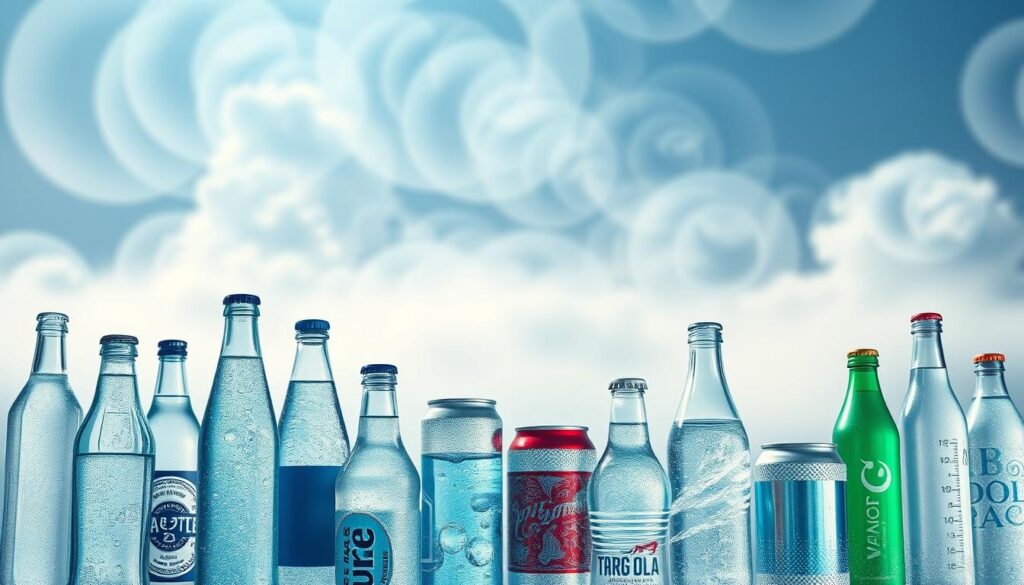 A vibrant, hyper-realistic illustration of various common myths surrounding carbonated water. In the foreground, an array of glass bottles and cans of sparkling water, some with fizzy bubbles rising to the surface. In the middle ground, a collage of icons and symbols representing popular misconceptions, such as weight gain, bone loss, and dehydration. The background features a hazy, ethereal landscape with swirling mist, hinting at the ambiguity and uncertainty surrounding these myths. The lighting is soft and diffused, creating a contemplative, thoughtful atmosphere. Rendered with a high level of detail and photorealistic quality, the image aims to both inform and visually captivate the viewer.