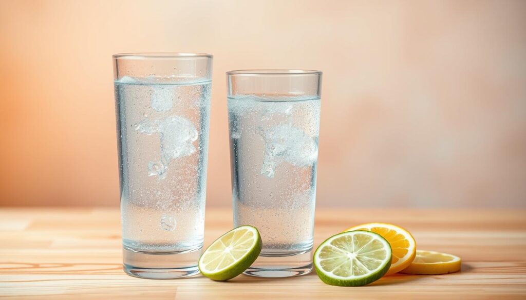 A well-balanced carbonated water composition set against a soft, pastel-toned background. In the foreground, a translucent glass filled with sparkling, effervescent water, condensation gently dripping down the sides. Arranged neatly around the glass, a selection of fresh lemon and lime slices, conveying a sense of refreshment and moderation. The middle ground features a wooden table or surface, with a subtle, natural grain texture. The background is hazy and out of focus, creating a soothing, calming atmosphere. Warm, diffused lighting gently illuminates the scene, highlighting the clarity and balance of the carbonated water. An image that visually communicates the idea of consuming sparkling water in a measured, healthful way.