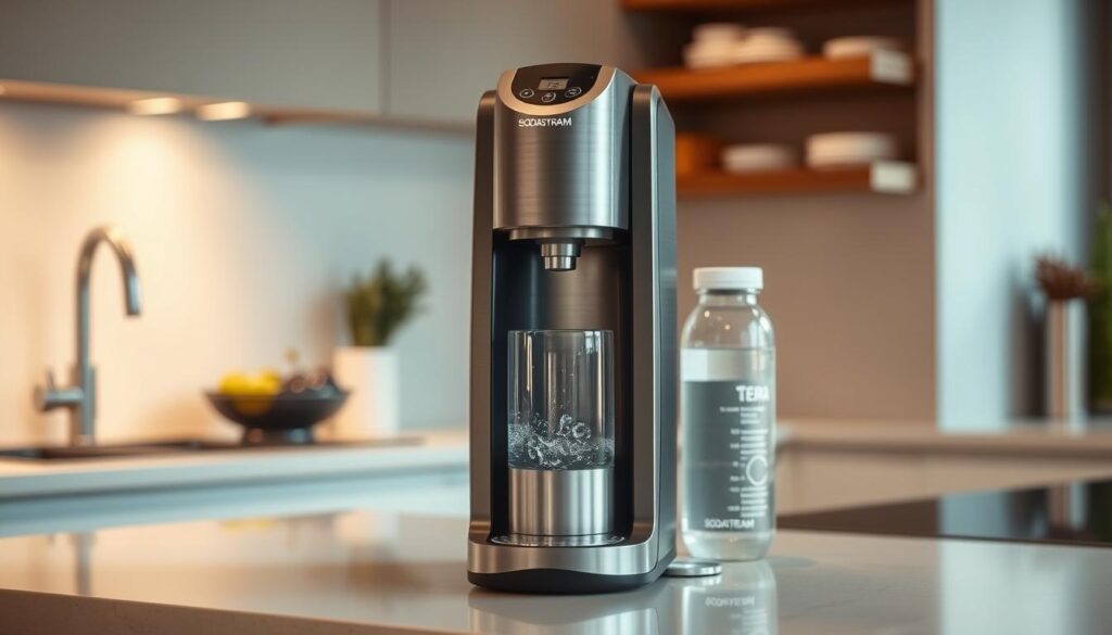 a close-up shot of the SodaStream Terra carbonated water maker, positioned prominently on a modern kitchen counter with a sleek, minimalist design. The machine has a brushed metal finish and clean lines, conveying a sense of sophisticated, high-quality craftsmanship. Soft, warm lighting illuminates the scene, casting gentle shadows and highlights that accentuate the product's form and texture. The background is blurred, maintaining the focus on the SodaStream Terra as the central subject. The overall mood is one of understated elegance and premium quality, befitting a top-tier carbonated water machine.