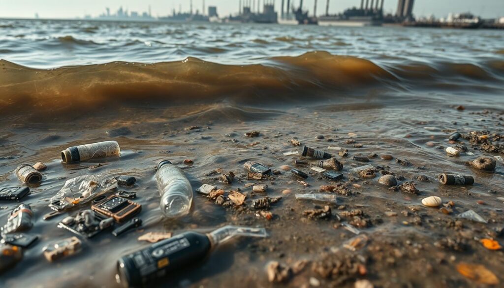 a detailed and realistic scene of contaminants polluting a body of water, viewed from a low angle close to the water's surface. In the foreground, various waste materials such as plastic bottles, discarded electronics, and industrial byproducts are floating on the murky, discolored water. The middle ground shows the water becoming increasingly turbid and opaque, with swirling currents and eddies. In the background, the shoreline is obscured by a haze of industrial smog, suggesting the source of the pollution. The lighting is harsh and directional, casting dramatic shadows and highlights to emphasize the grime and decay. The overall mood is one of environmental degradation and the negative impact of modern waste on natural water sources.