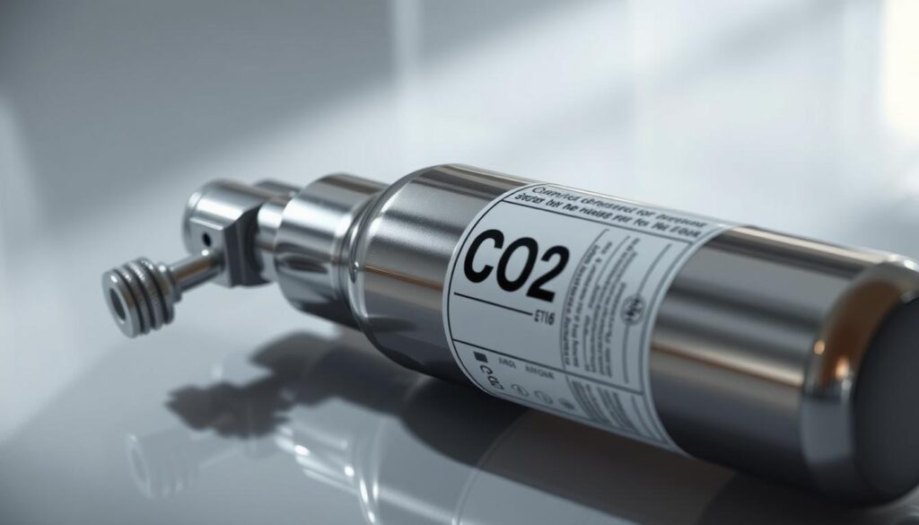 a high-quality CO2 cylinder with a glossy metal surface and a prominent label, positioned on a reflective surface with soft lighting creating subtle shadows, conveying a sense of precision and quality essential for a well-carbonated beverage, shot from a slightly low angle to emphasize the cylinder's presence and importance